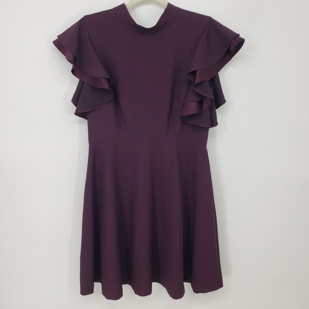 Chelsea 28 Ruffle Sleeve Fit & Flare Cocktail Dress Size 8 Mock Neck Plum Purple